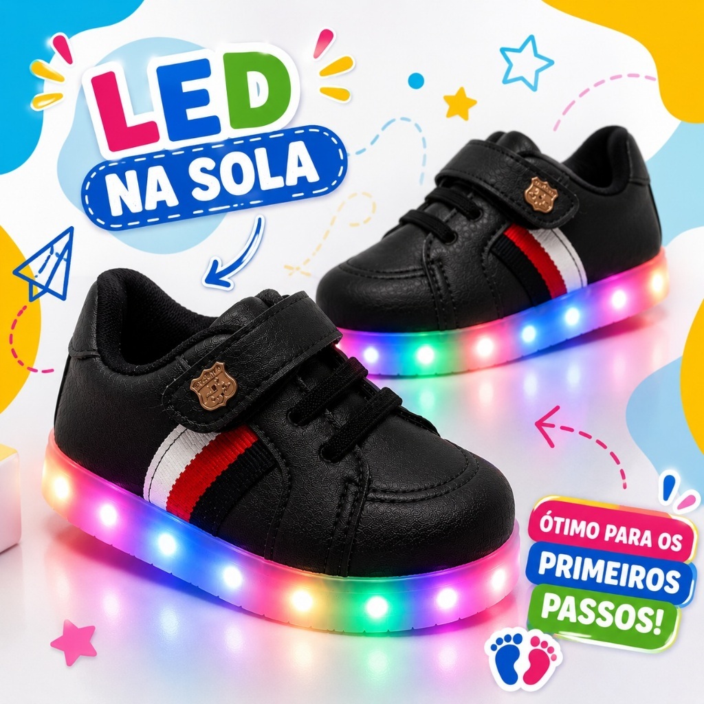 Tenis Infantil Menino com LED Colorido na Sola Confortavel Casual Esportivo