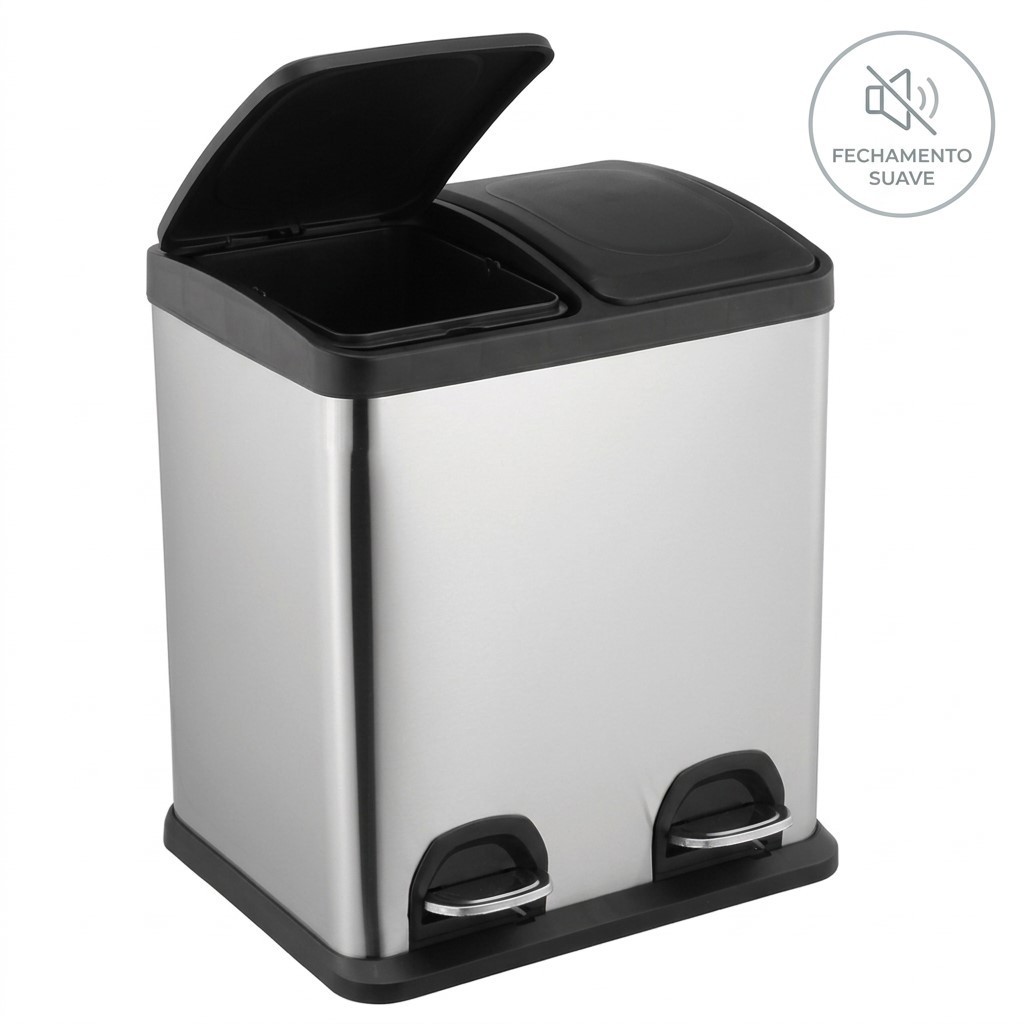 lixeira dupla inox 30 Litros pedal e amortecimento na tampa lixo reciclável orgânico coleta seletiva