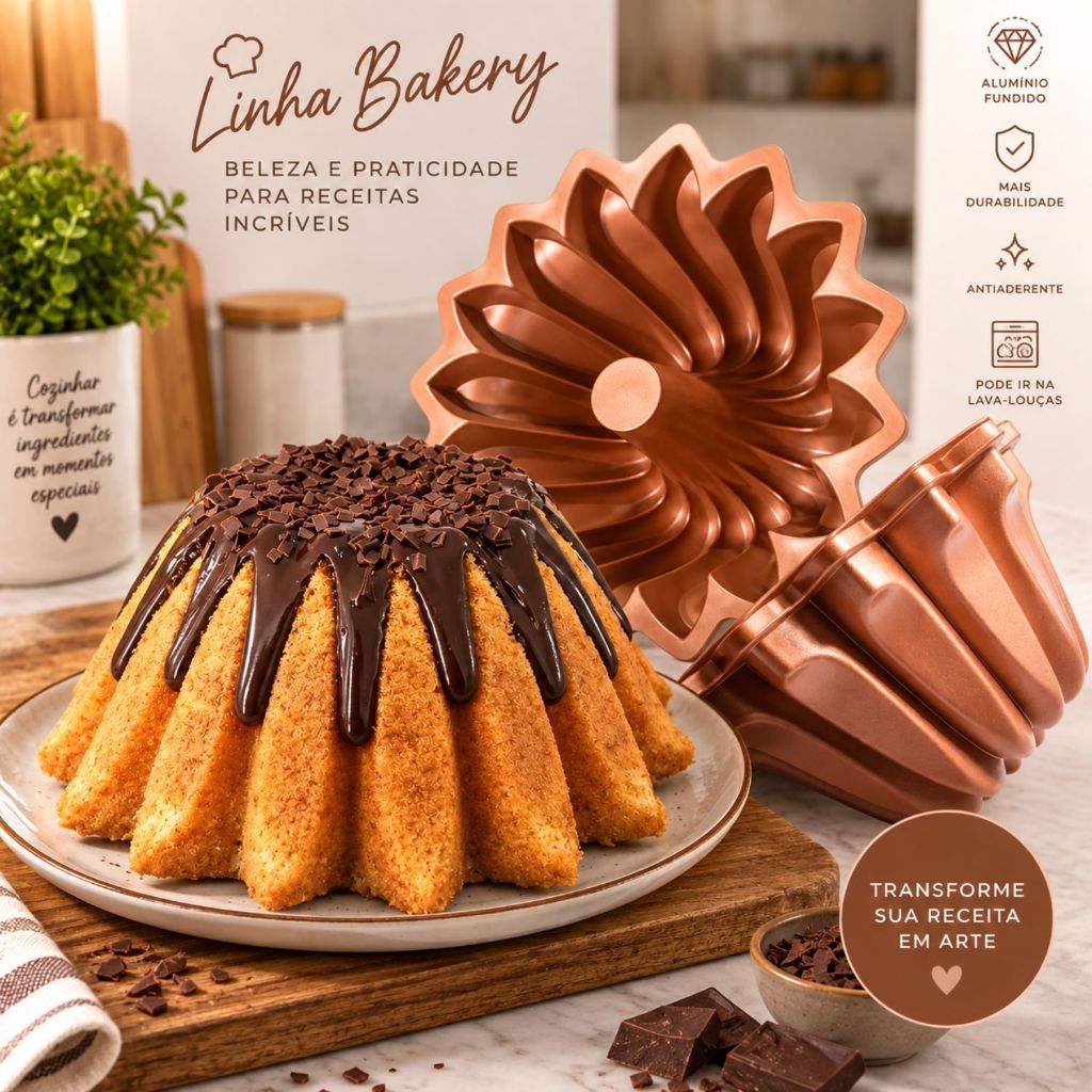 Forma de Bolo Decorada Antiaderente Hercules Bakery 24cm Alumínio Rosê Gold