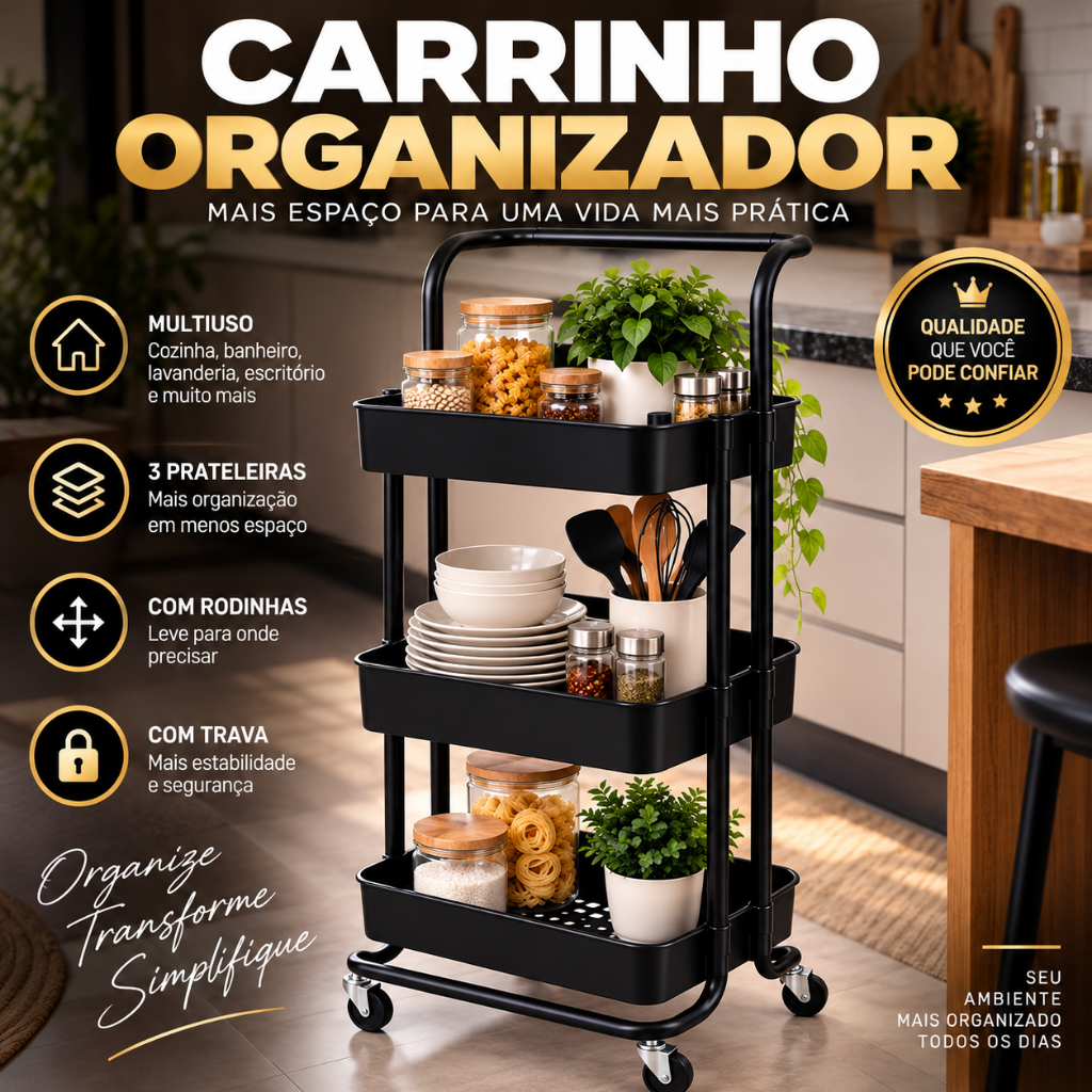 Carrinho Organizador Multiuso 3 Prateleiras com Rodinhas Compacto para Cozinha Banheiro Lavanderia Preto