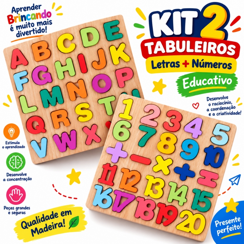 Tabuleiro Educativo Pedagógico Alfabeto Letras e Números Formas Geométricas Símbolos de Madeira Brinquedo Montessori