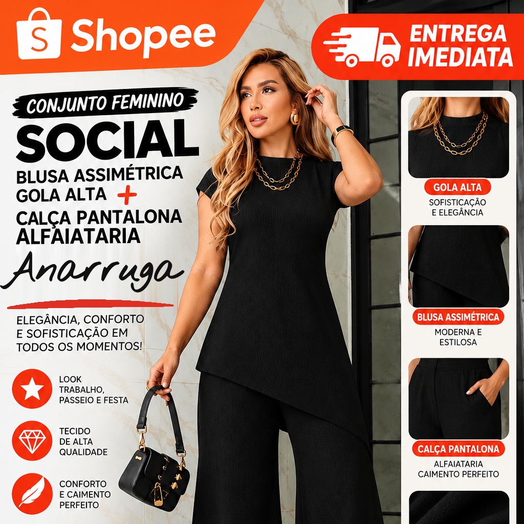 Conjunto Feminino Blusa Assimétrica Gola Alta + Calça Pantalona Alfaiataria Cintura Elástica Trabalho Festa Ana Ruga