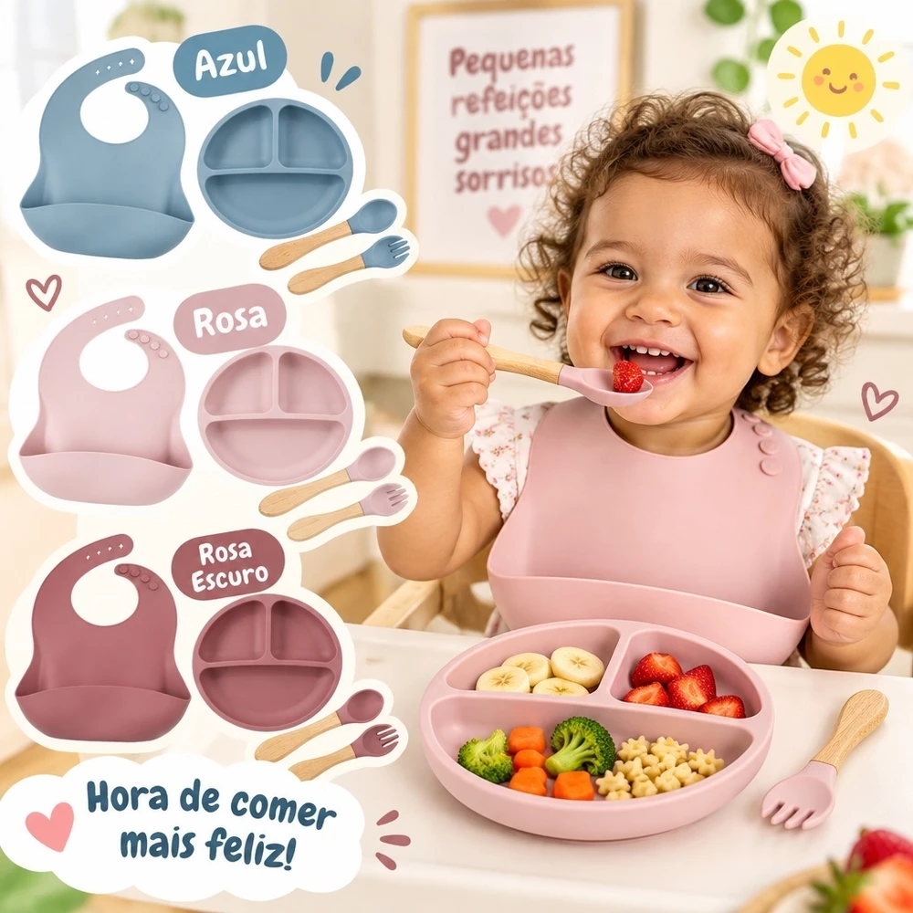Kit Prato Talheres e Babador Silicone para Introdução Alimentar Bebê 4 Peças