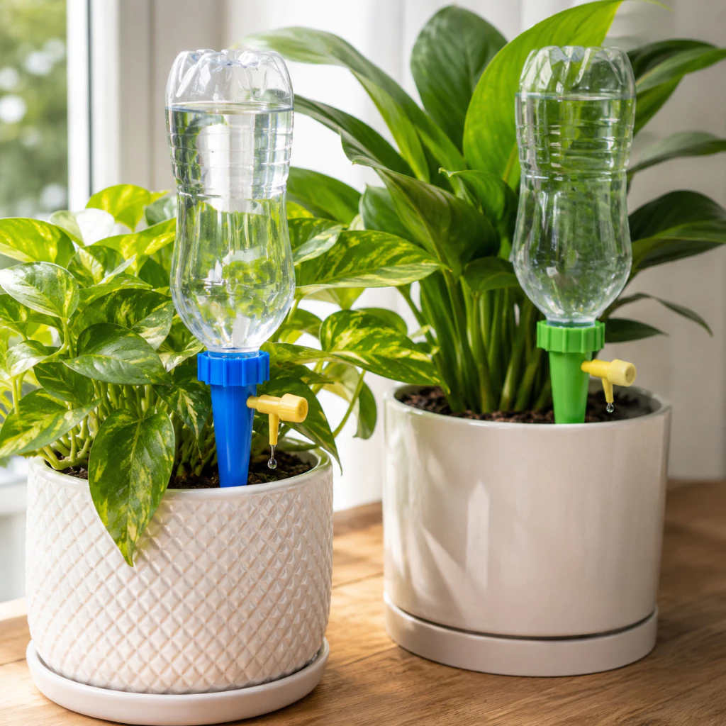 Irrigador de gotejamento automático ajustável para plantas em vaso, cores verde e azul