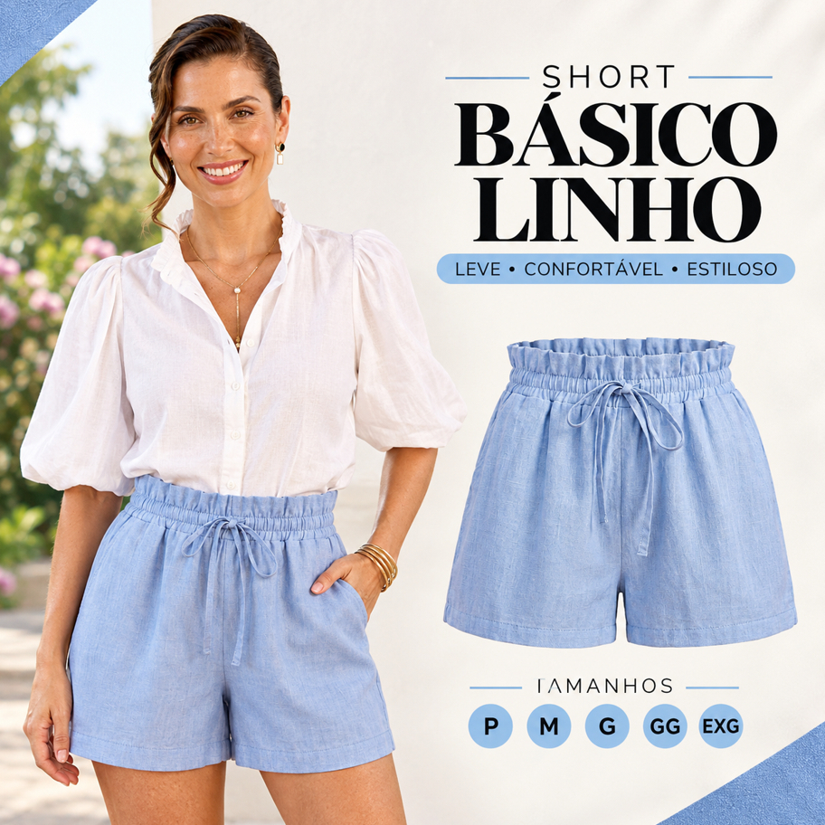 Short Feminino em Linho Soltinho e Confortavel Cintura Alta Tamanhos Grandes Ferias Verao Carnaval