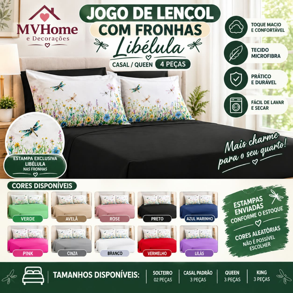 Kit Jogo De Lençol Micropercal 400 Fios Fronha Estampada Ponto Palito - Libélula Lançamento
