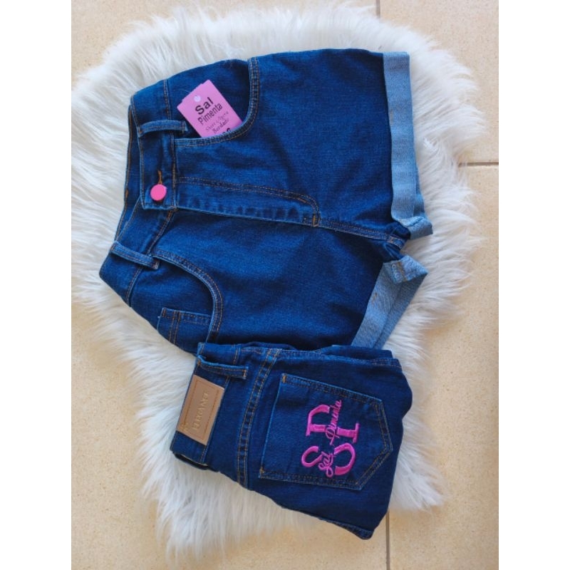 Short Jeans Feminino  Cintura Alta Botão Encapado Lycra cinto