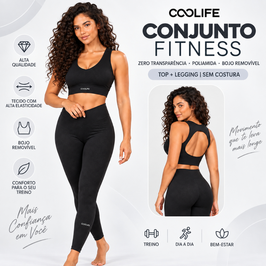Conjunto Academia Feminino Preto Top e Legging Poliamida Zero Transparência Sem Costura Cós Alto Bojo Removível COOLIFE