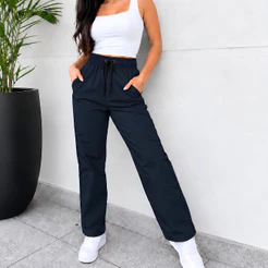 Calça Feminina Cintura Alta Com Bolsos Secagem Rápida Tactel Leve Casual Academia