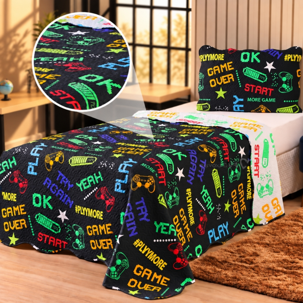 Kit Colcha Solteiro Cobre leito Infantil Dupla Face 2 Peças Roupa de Cama Estampado Menino Menina