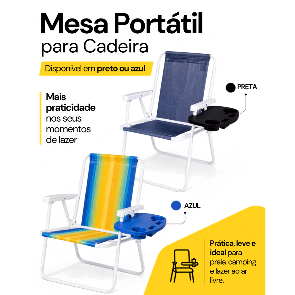 Mesa Portátil Para Cadeira De Praia Porta Copos Mor Cor Azul Ou Preta