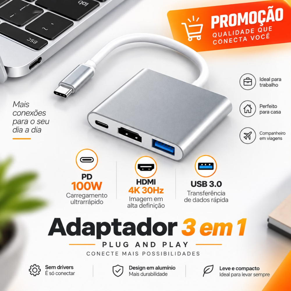 Adaptador USB C 3 em 1 HDMI 4K USB 3.0 PD Samsung DeX MacBook promoção