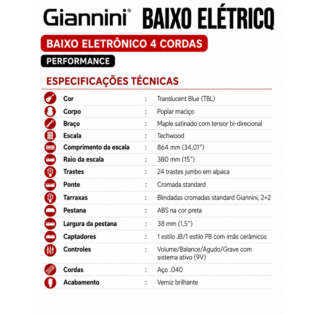 Contra Baixo Eletrico 4 Cordas Giannini GB-200A Translucent Blue TBL — imagem 2 de 2