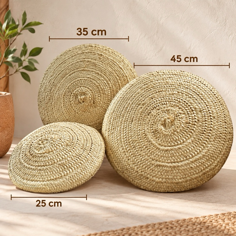 Almofada Redonda de Palha Carnaúba 45 cm Artesanal com Zíper