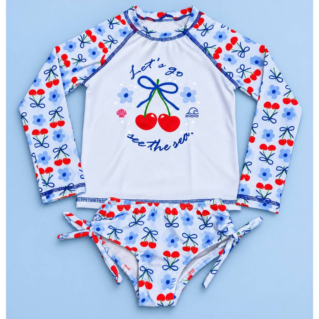 conjunto menina manga longa blusa + calcinha estampada natação praia piscina com proteção uv 50+ CEREJA