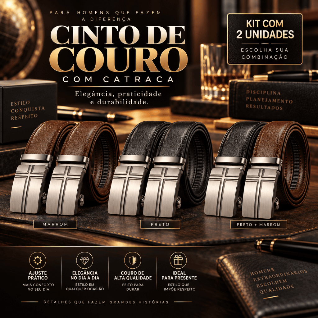 Kit 2 Cintos Masculinos Social em Couro Premium Fivela Automática Catraca Ajustável