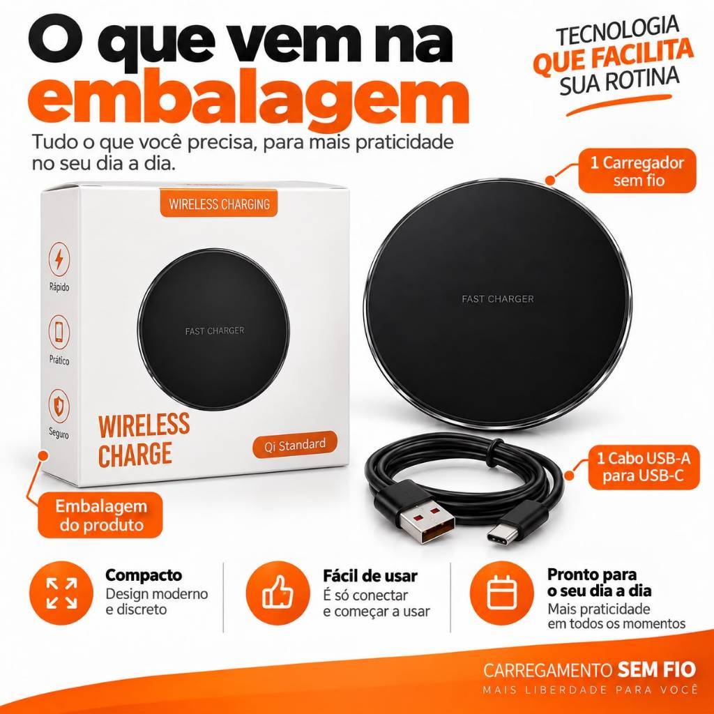 Carregador Sem Fio Qi Fast Charger com Cabo USB, Base de Carregamento Wireless para Celular