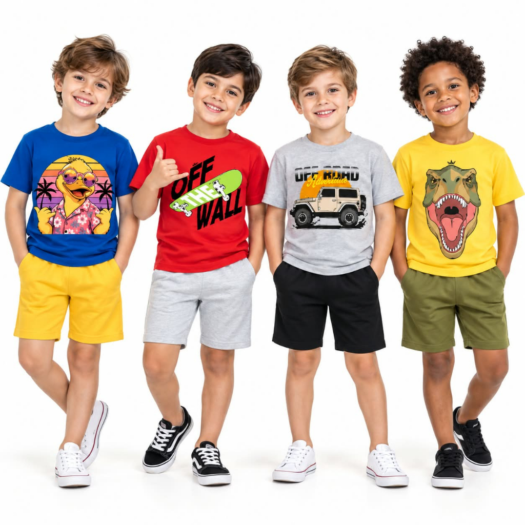 Kits com 4, 3 ou 2 Conjuntos Sortidos Infantil Masculino Camisa + Shorts Roupa Menino Verão Confortável