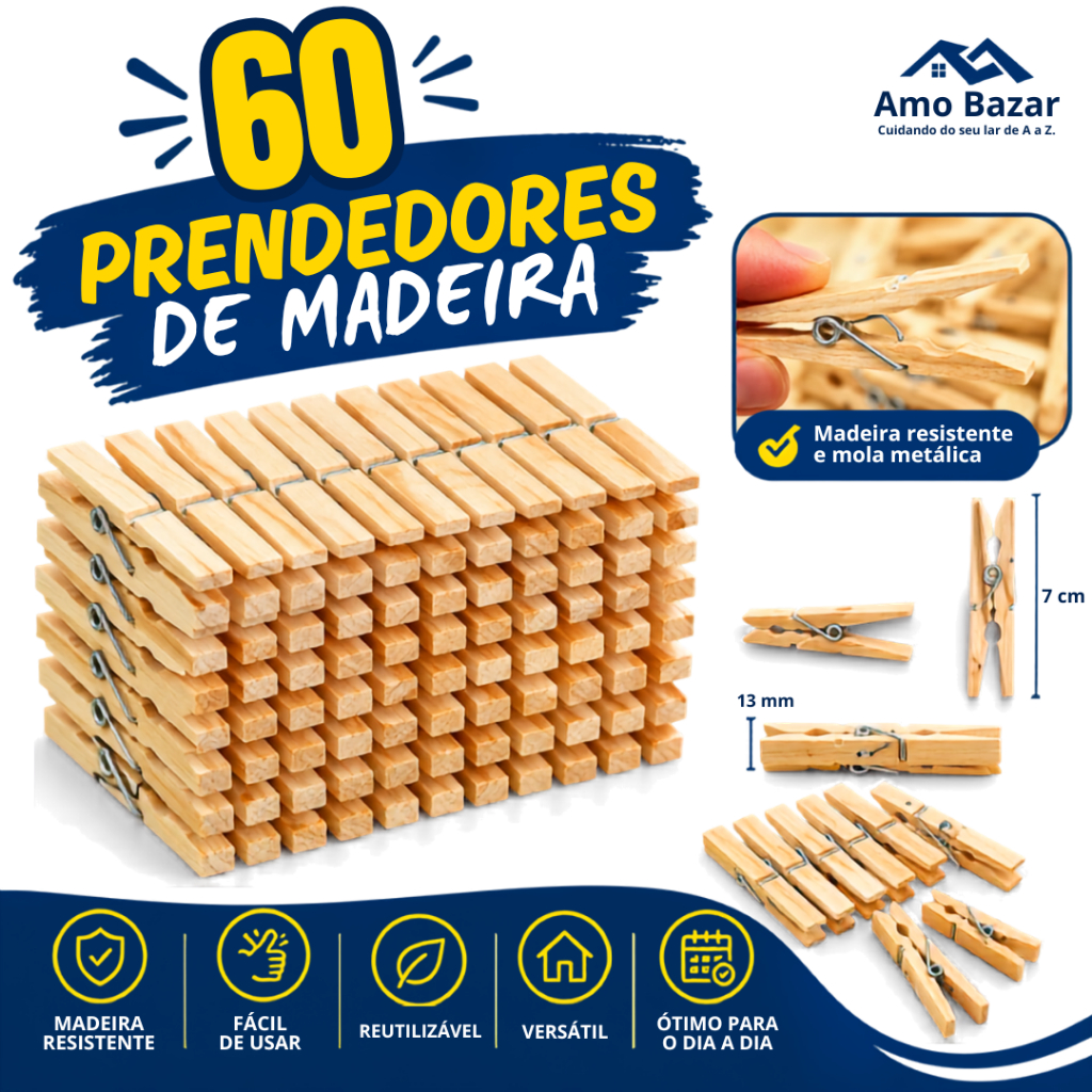 Kit Pregador/Prendedor/Grampos de Roupas de Madeira Resistente para Varal kit com 12/24/36/48/60