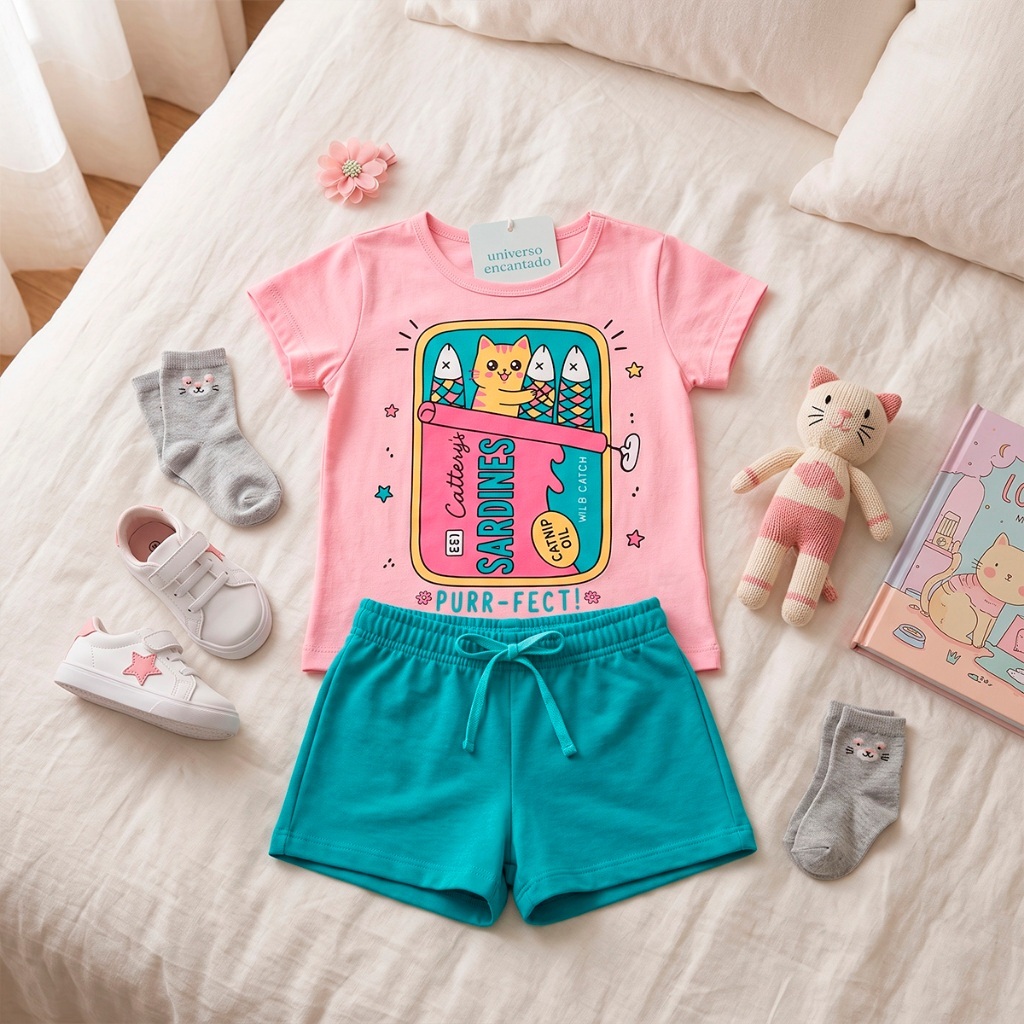 Conjunto Bebê Menina Curto Verão Sardines Gatinha · foto 2