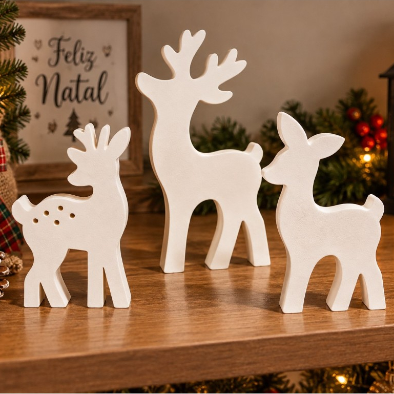 Kit Família de Renas de Natal Decorativas 3D Enfeite Natalino Decoração Minimalista Colecionável