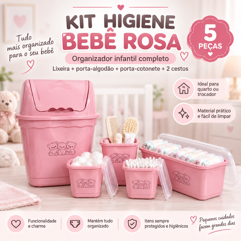 Kit Higiene Bebê Rosa 5 Peças Organizador Infantil Lixeira Porta Algodão Cotonete Cestos