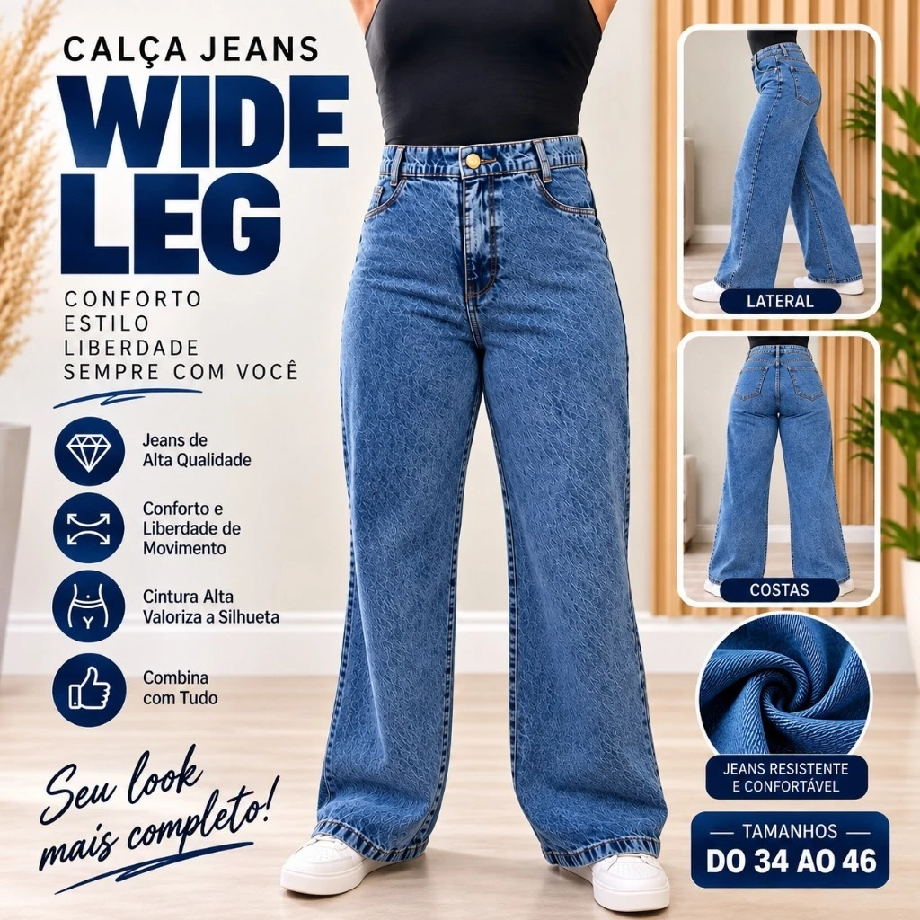 Calça Wide Leg Jeans Feminina Sem Elastano Tamanho 34 ao 44