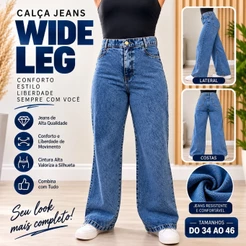 Calça Wide Leg Jeans Feminina Sem Elastano Tamanho 34 ao 46