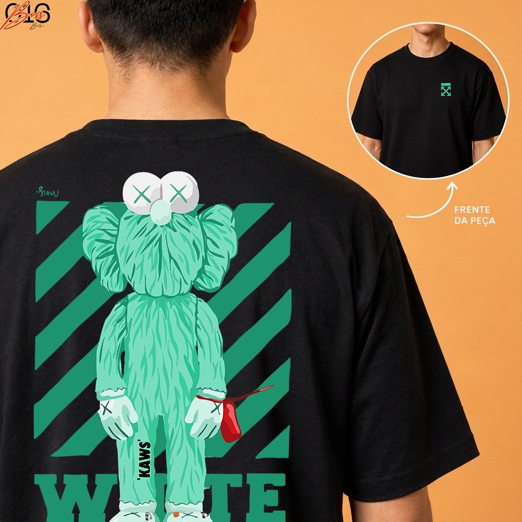 Camiseta Kaws Off White Estampada Masculina Feminina Preta Streetwear Bearbrick Art Toy Ursinho Geek Oversized