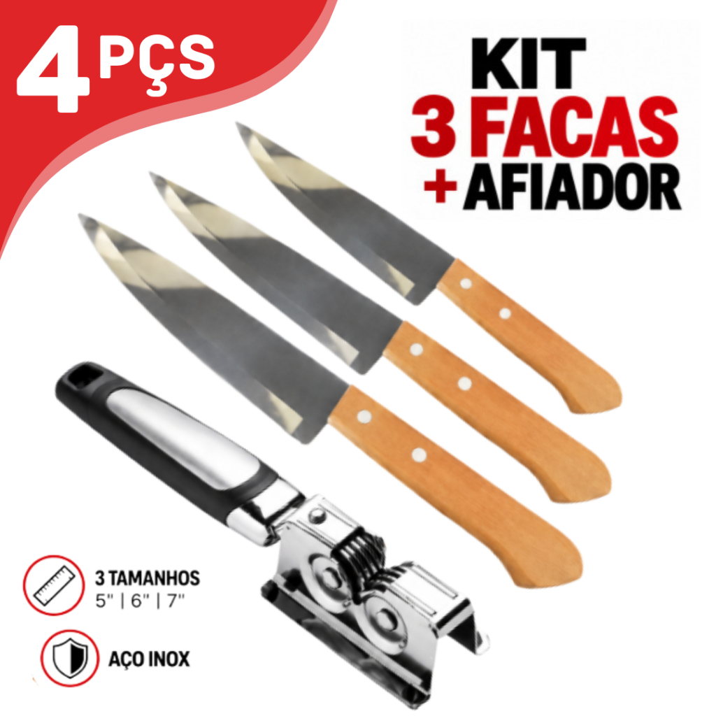 Kit 3 Facas Aço Inox 5 6 7 Polegadas + Afiador Manual Cozinha Corte Preciso