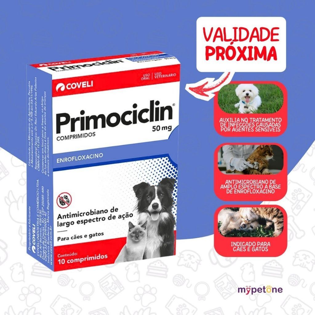 Primociclin 50mg Antimicrobiano Coveli para Cães - 10 Comprimidos