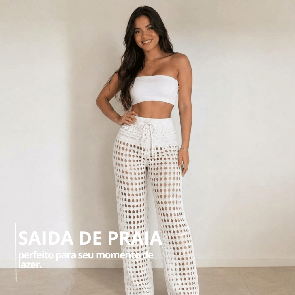 Calça Saída de Praia Feminina em Tricot Crochê Vazado com Detalhe de Trança Cintura Alta Verão