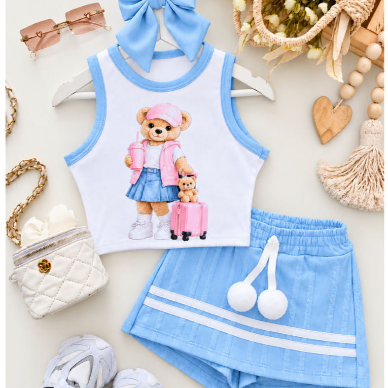 Conjunto Infantil Menina Blusa Regata Estampada Urso  Shorts  Saia Azul bb