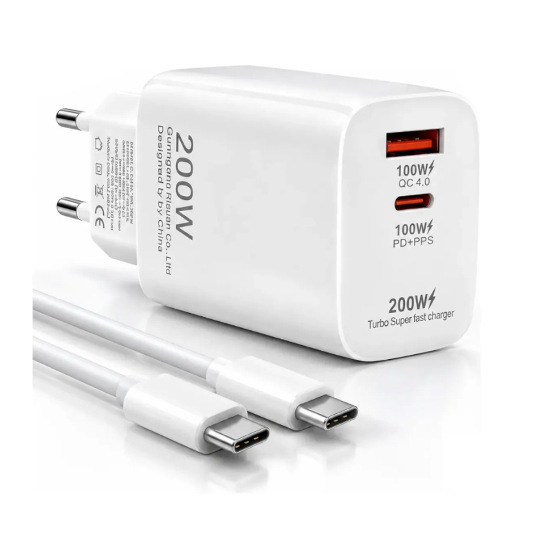 CAR Carregador 200W com Carregamento Rápido 2 Portas USB-A e USB-C com Cabo