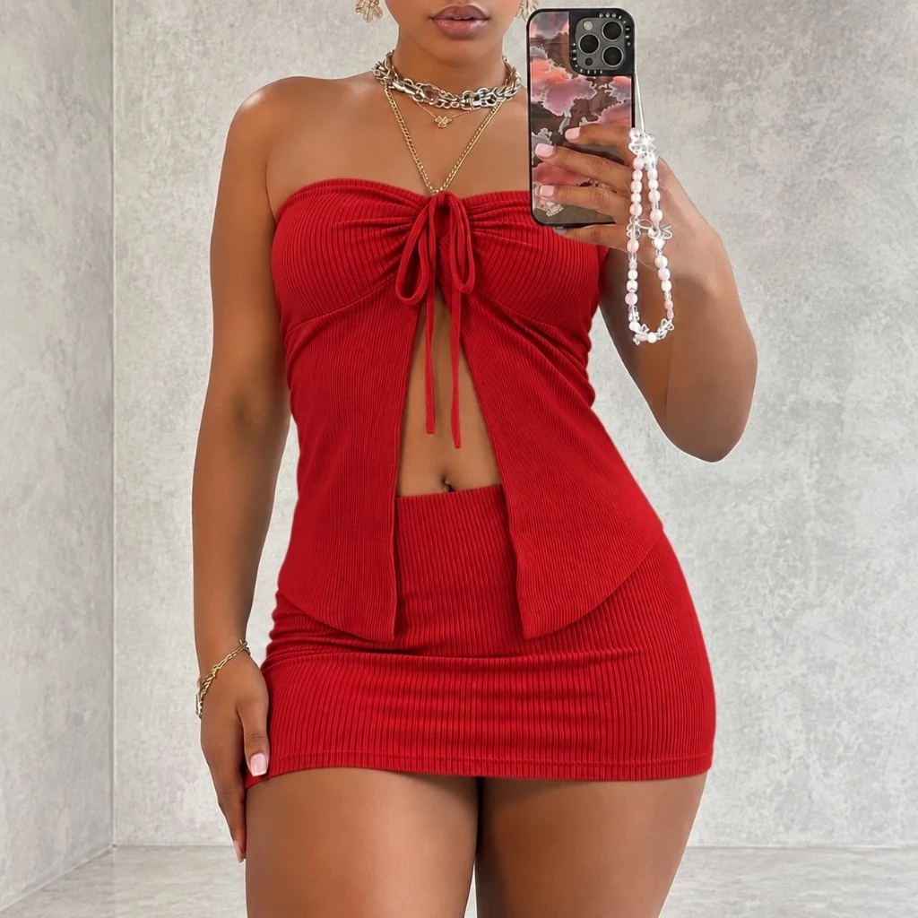 Conjunto Feminino Top Assimétrico Oca Com Bojo + Saia Curta Canelada Look Fashion Verão — imagem 1