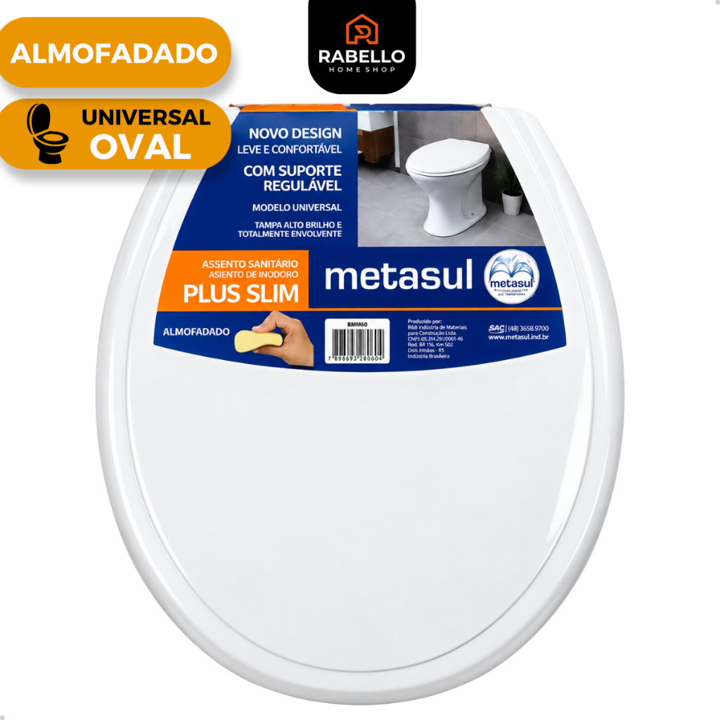 Assento Sanitário Tampa Vaso Oval Almofadado Universal Basico Branco Plus Slim Universal Metasul