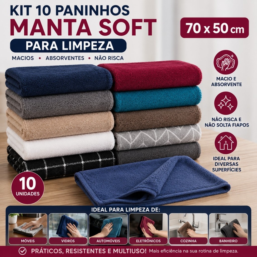Kit 10 Panos soft Paninho 70x50 Cozinha Limpeza Casa Automotivo Cores Sortidas  mantinha fogão vidro