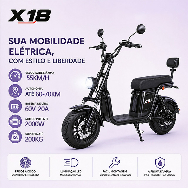 Moto Elétrica X18 2000W 60V 20A Autonomia 60-70km NFC Freio a Disco 2 Lugares Subida 45° Carga 200kg
