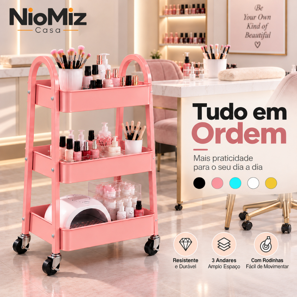 Carrinho Auxiliar 3 Andares em Aço Carbono com Rodinhas para Manicure e Nail Designer
