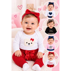 Roupa Bebê Menina Body Manga Longa Calça e Faixa Moda Blogueirinha Inverno Feminino Chique Diva Roupinha Conjuntinho