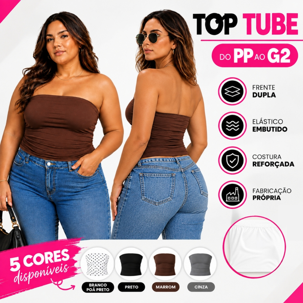 Cropped Top Tube Tomara que Caia Frente Dupla e Elástico Embutido Estiloso e Confortável do Slim ao Plus Size