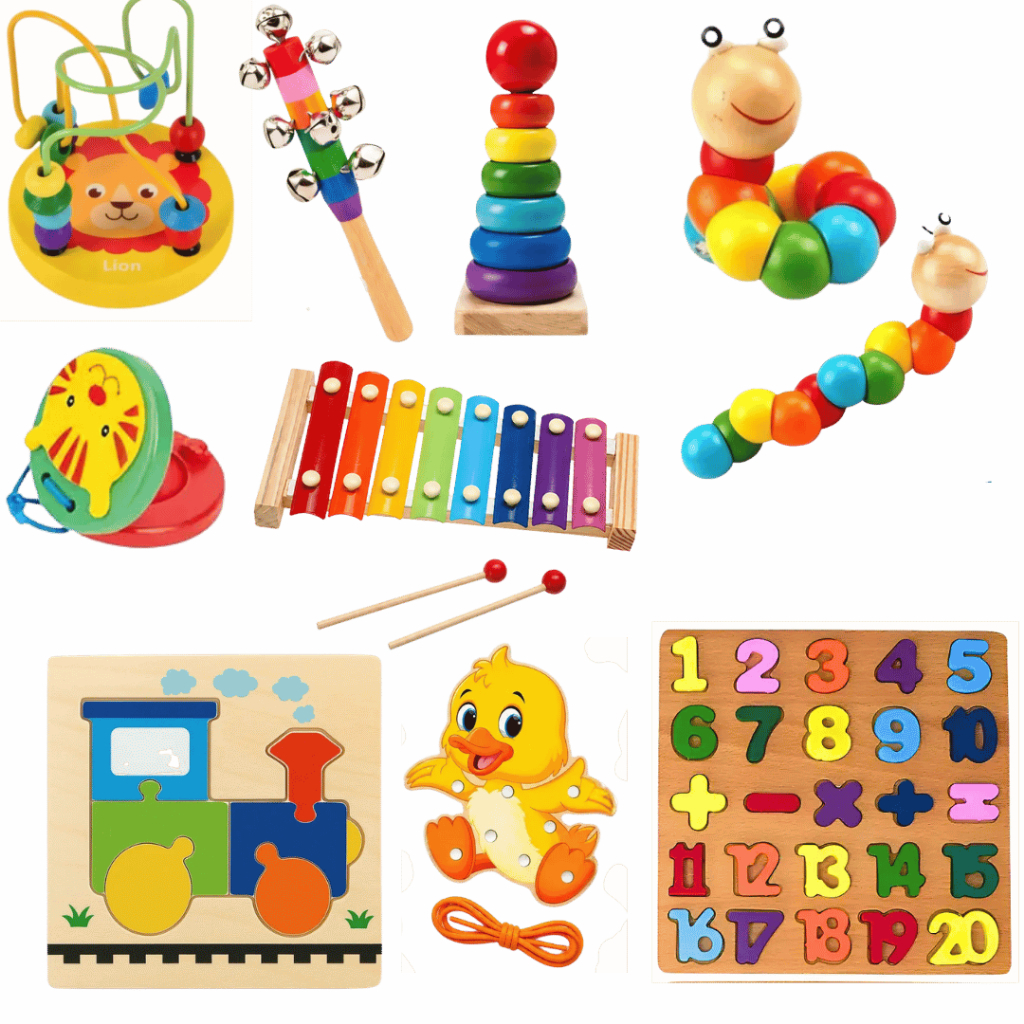 Brinquedo Educativo Montessori de Madeira Didático Sensorial Formas e Cores Empilháveis para Bebê