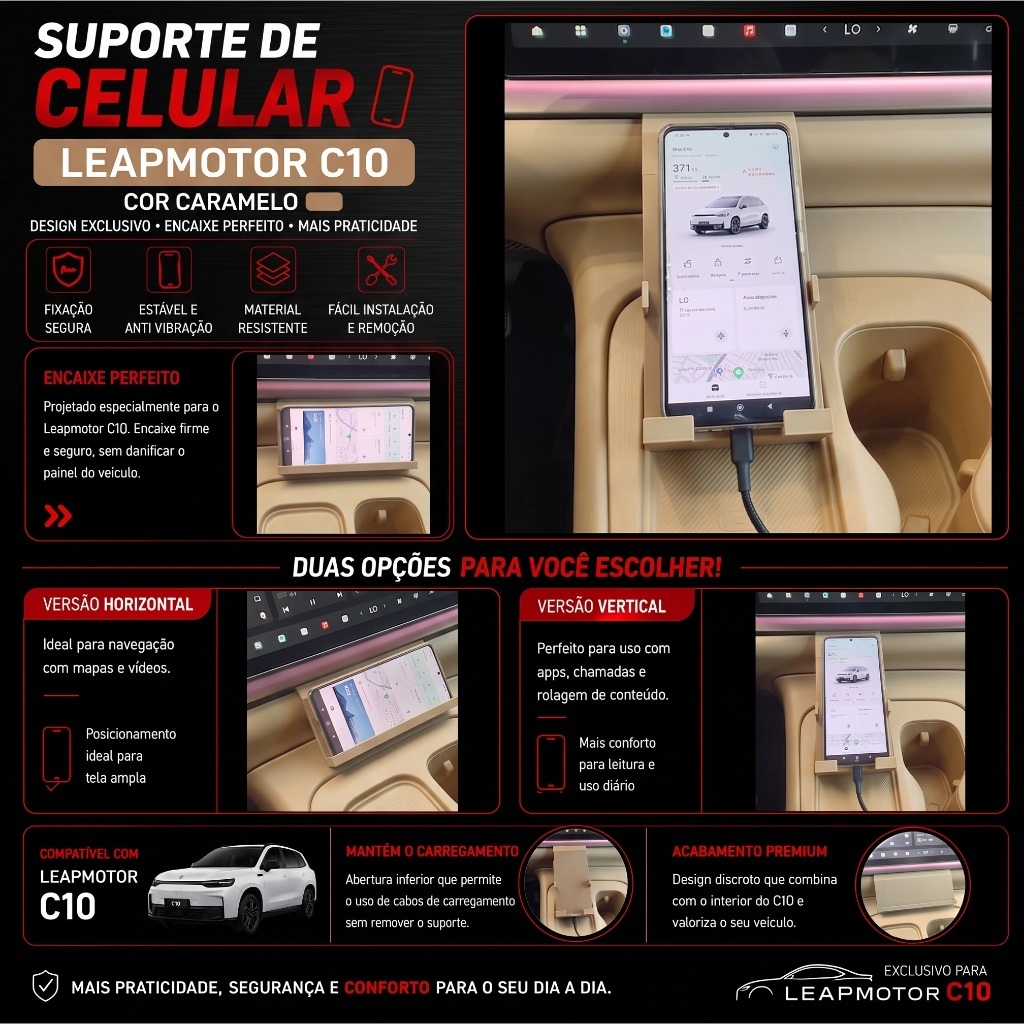 SUPORTE DE CELULAR PARA LEAPMOTOR C10 | ENCAIXE PERFEITO HORIZONTAL E VERTICAL NA COR CARAMELO