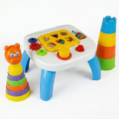 Kit Educativo Infantil Mesa Educativa 5 Atividades + Amiguinho Urso + Torre Baby com 6 Peças de Encaixar | QUEEN SHOP