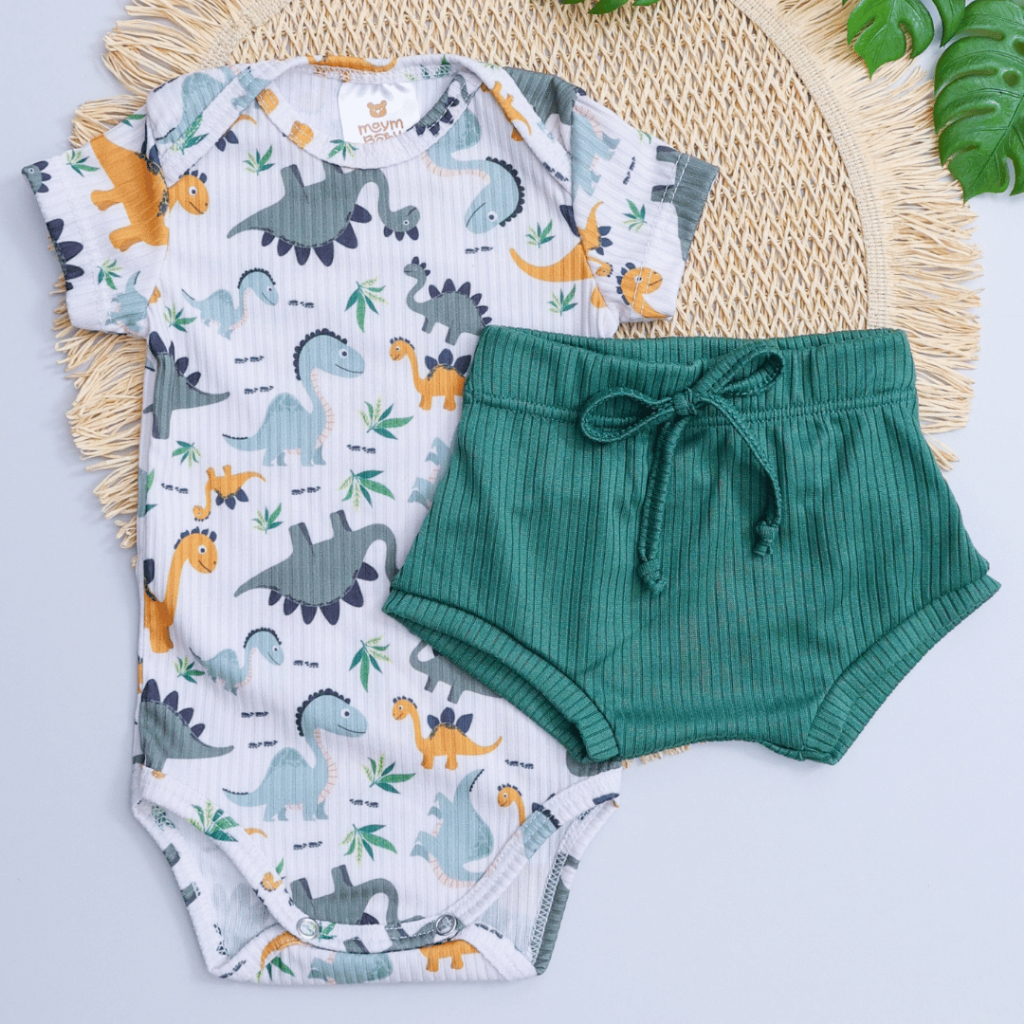 Conjunto Canelado Bebê Verão Fresquinho Menino Menina Body Infantil Estampado Dino e Tapa Fralda Verde