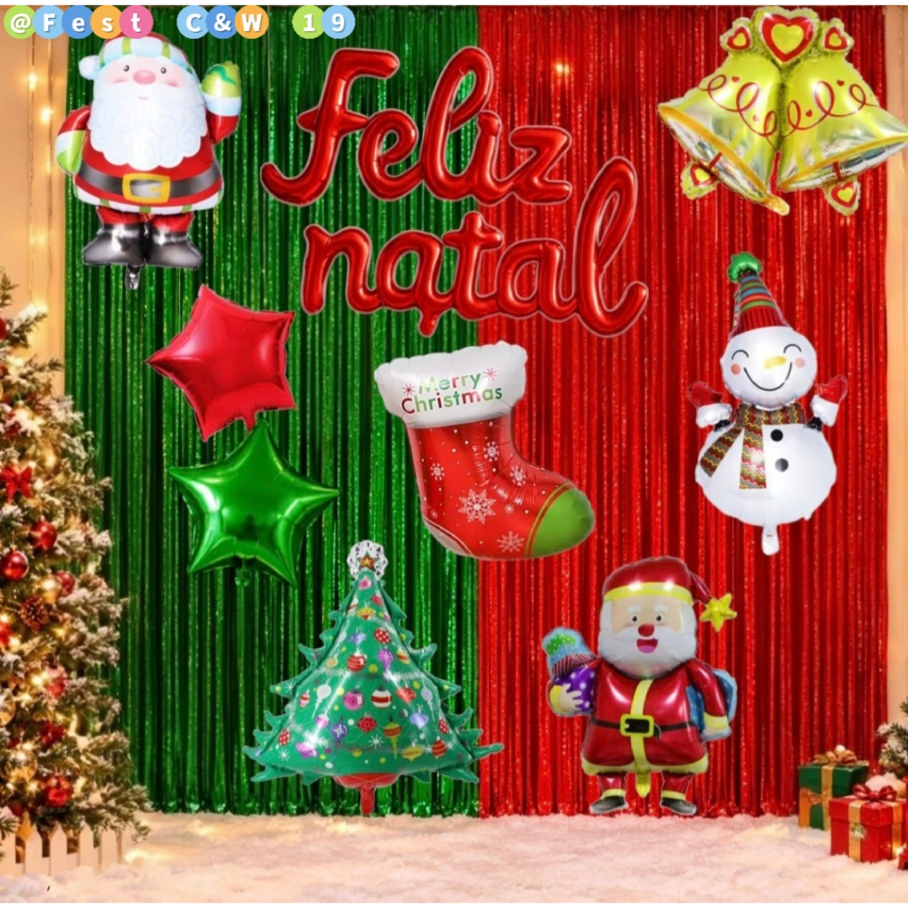 Kit Festa Natal Cortina, Balões Sortidos Feliz Natal, Faixa de Papel, Papai Noel, Arvore, Sino Decoração, Comemoração