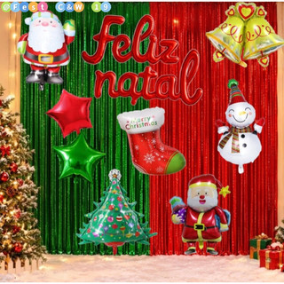 Kit Festa Natal Cortina, Balões Sortidos Feliz Natal, Faixa de Papel, Papai Noel, Arvore, Sino Decoração, Comemoração