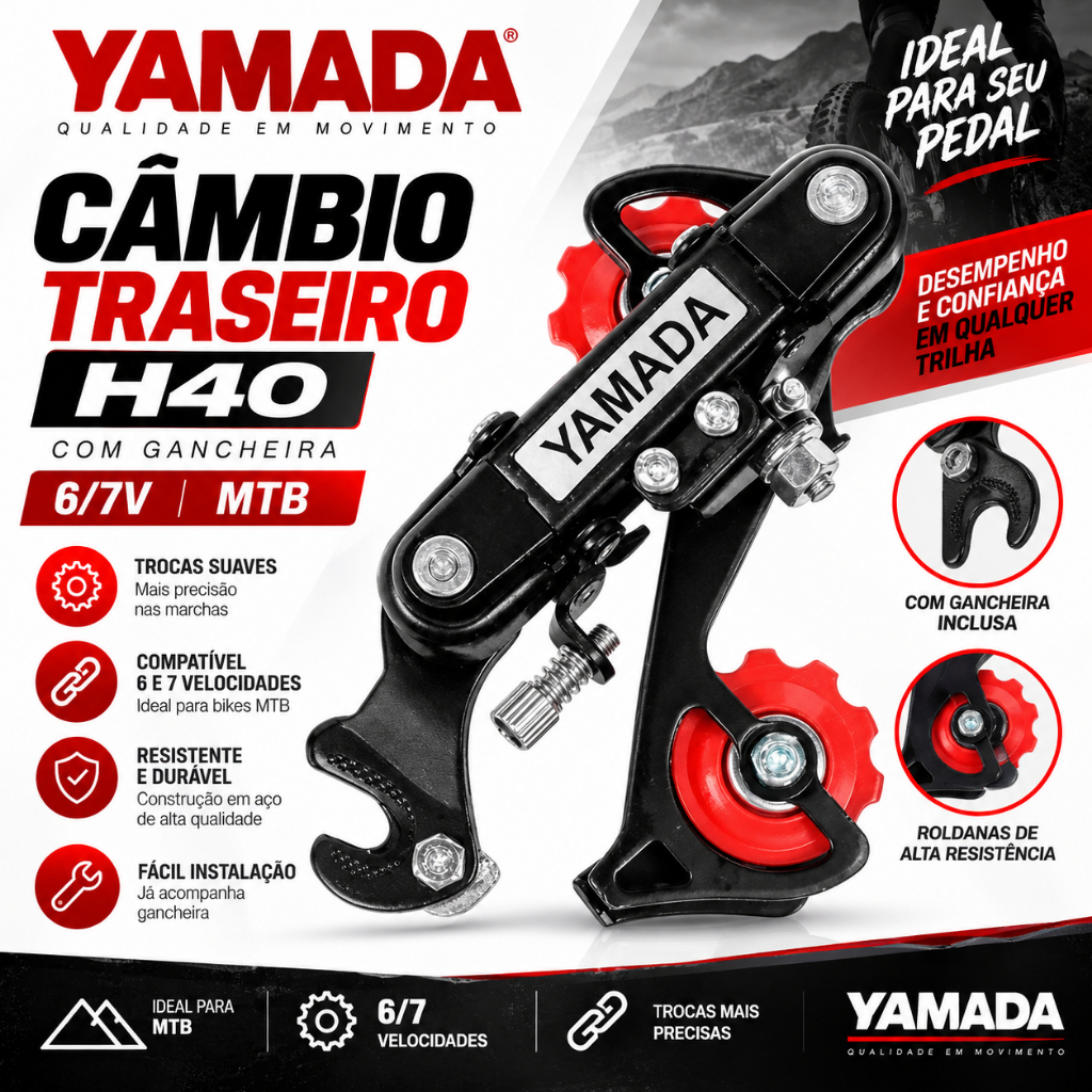 CÂMBIO TRASEIRO YAMADA COM GANCHEIRA PRETO 6V E 7V PARA BICICLETA