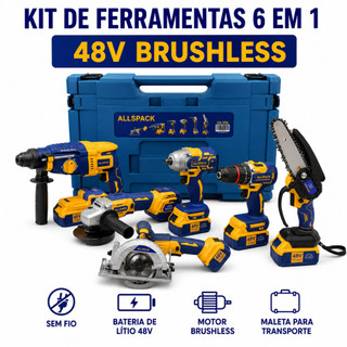 Kit Ferramentas 6 Em 1 48V Brushless Furadeira Impacto Martelete Esmerilhadeira Serra
