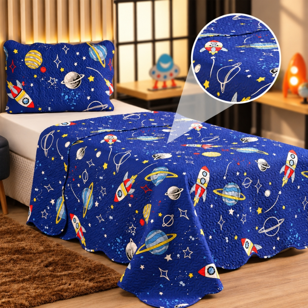 Kit Roupa de Cama Solteiro Infantil 2 Peças Estampado Dupla Face Colcha Cobreleito e Fronha Para Menino e Menina